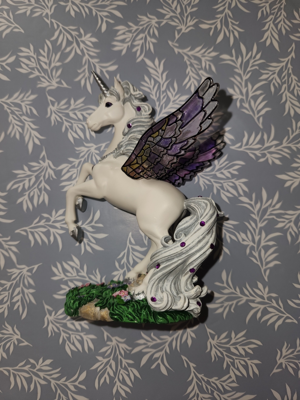 Amethyst Splendor Unicorn Figurine with Purple Stained-Glass Wings